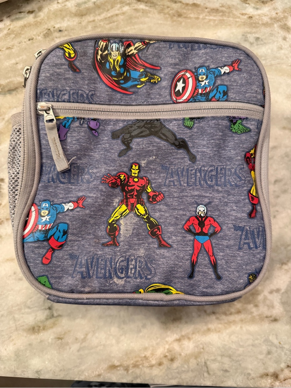 Pottery Barn Avengers Graphic Lunch Bag — Gray with Multicolor Superhero Print